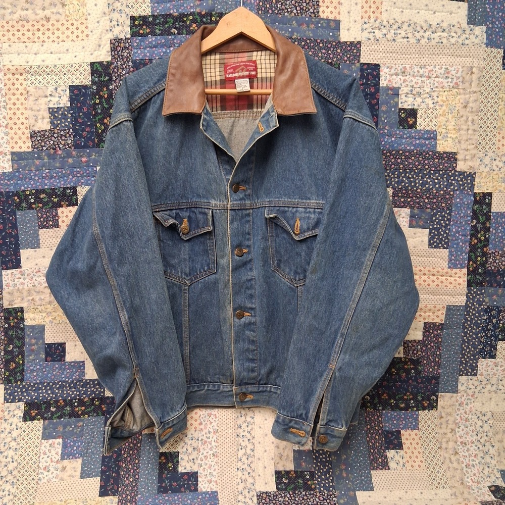 Marlboro Country Store Denim Jacket Leather Collar Flannel Lined Blue Trucker L